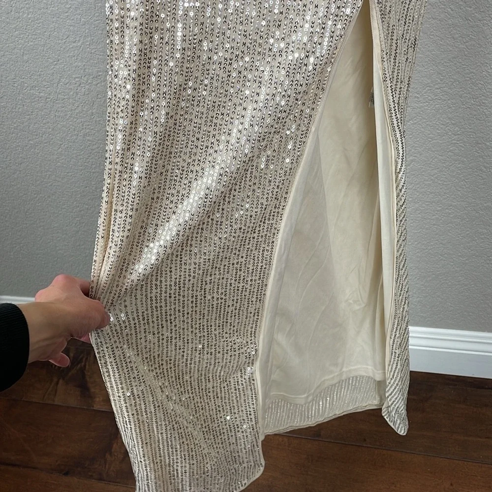 Lapis Sequin Champagne Maxi V Neck Dress with Slit Sparkle - Picture 4 of 15